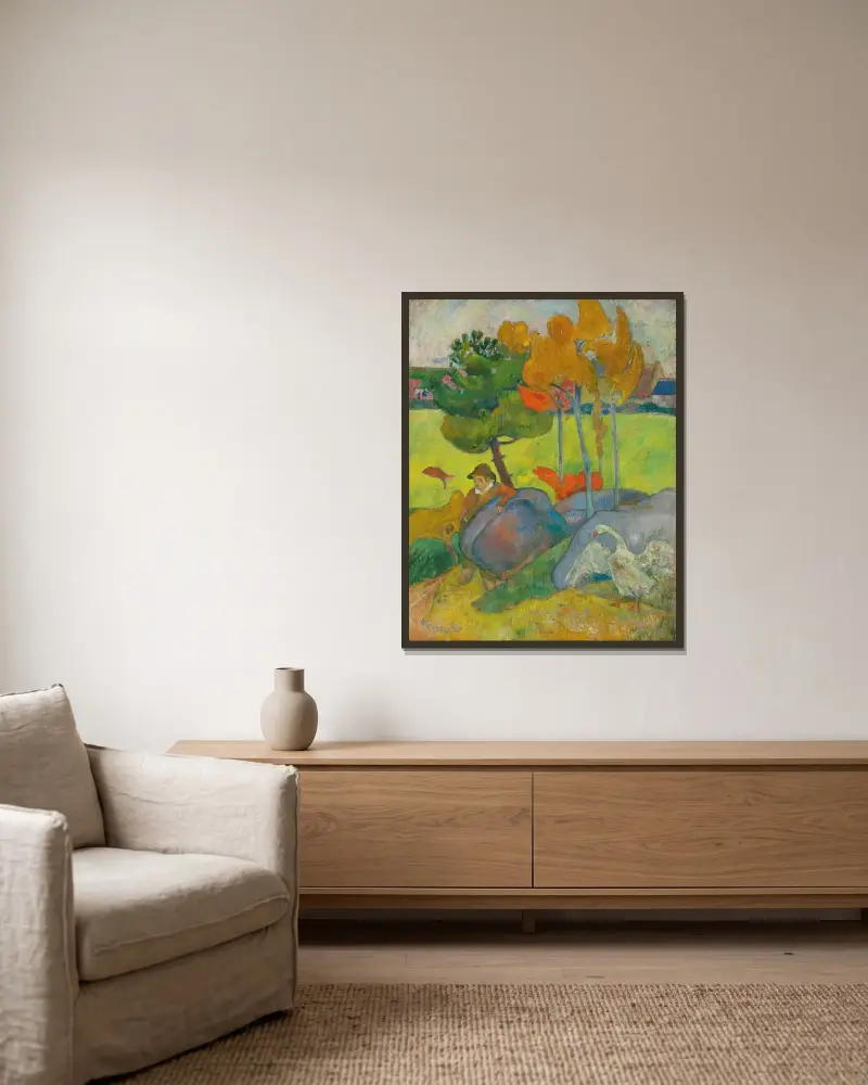 Liten breton med gås av Paul Gauguin inramad på en vägg