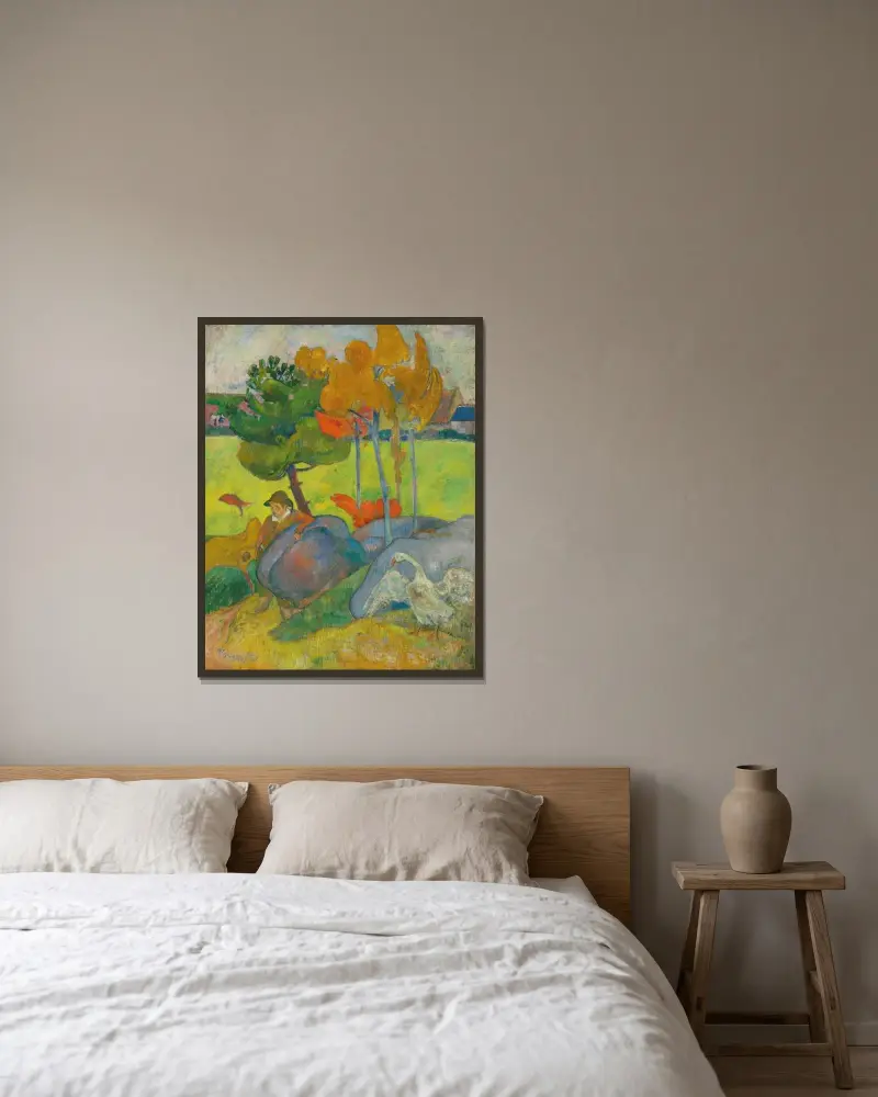 Liten breton med gås av Paul Gauguin inramad på en vägg