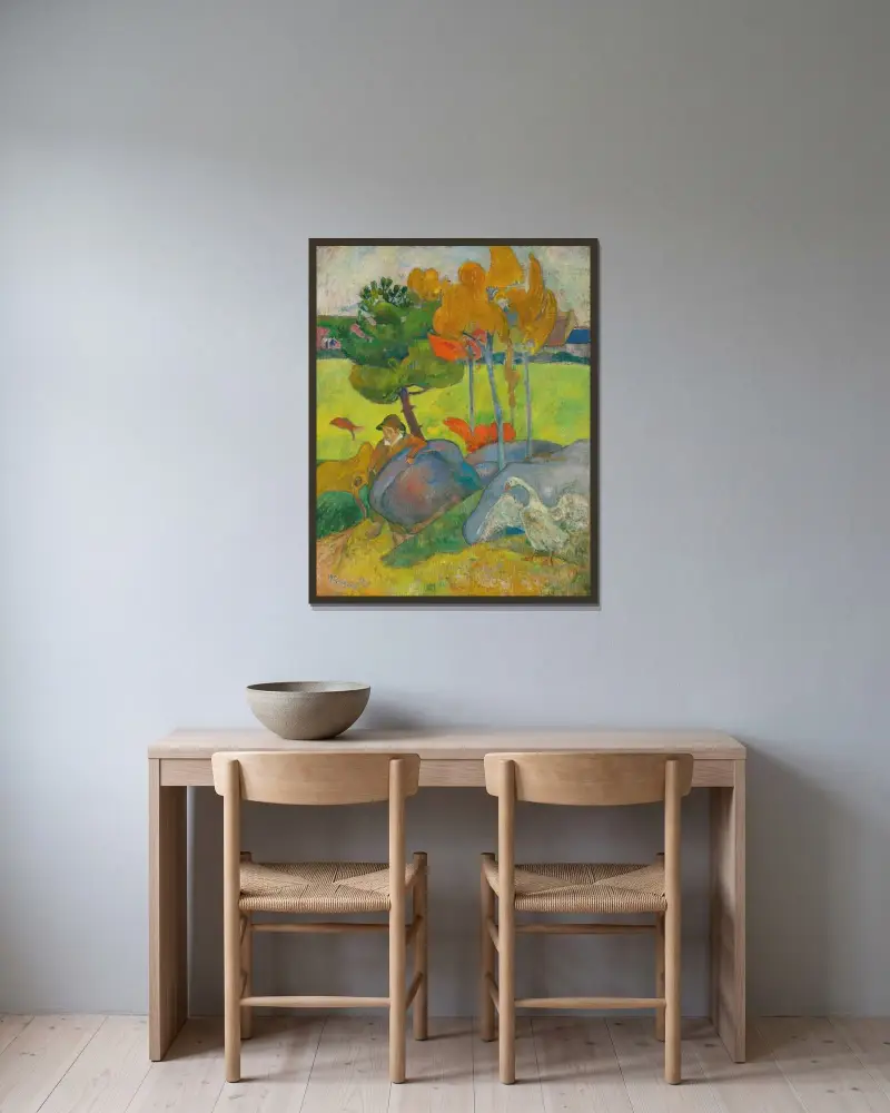 Liten breton med gås av Paul Gauguin inramad på en vägg