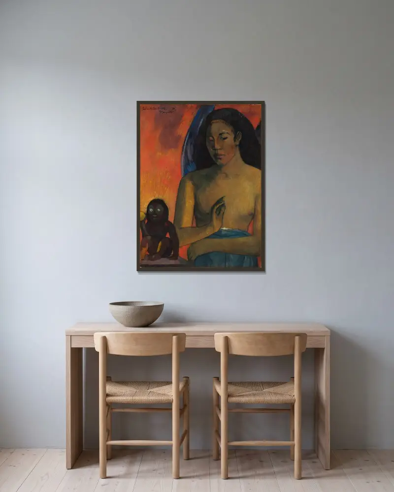 Poèmes barbares av Paul Gauguin inramad på en vägg