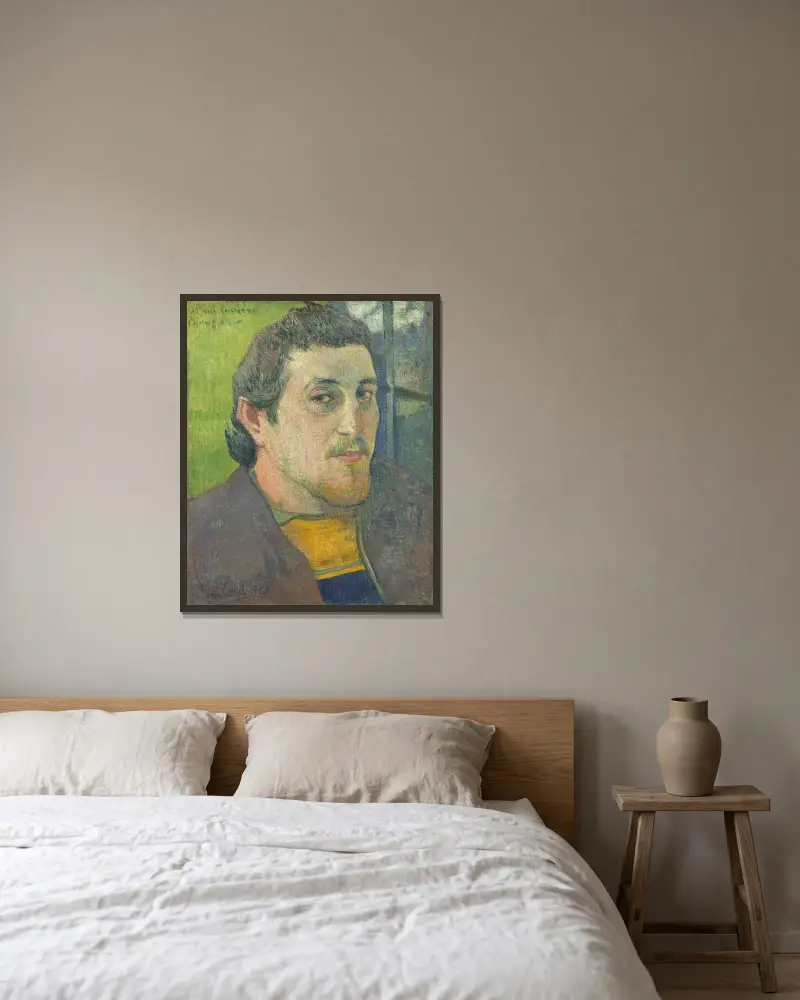 Self-Portrait Dedicated to Carrière av Paul Gauguin inramad på en vägg