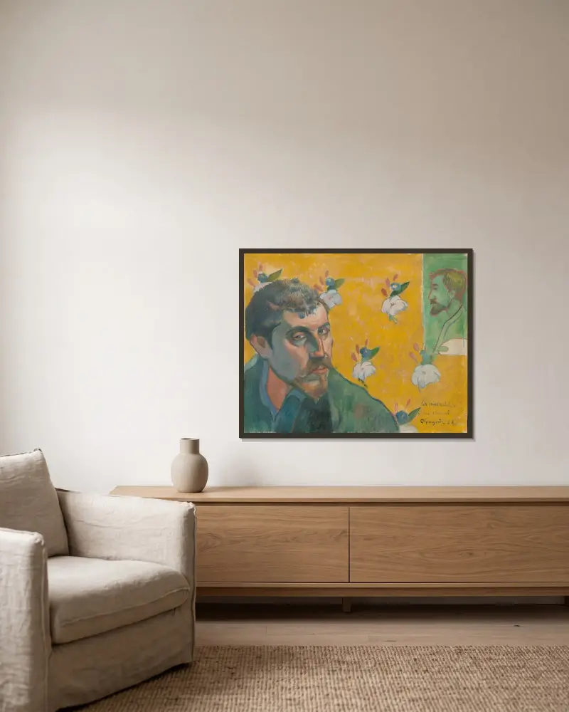 Självporträtt med porträtt av Bernard, ”Les Misérables” av Paul Gauguin inramad på en vägg