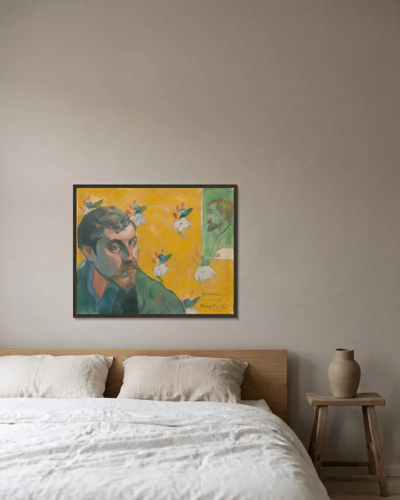 Självporträtt med porträtt av Bernard, ”Les Misérables” av Paul Gauguin inramad på en vägg