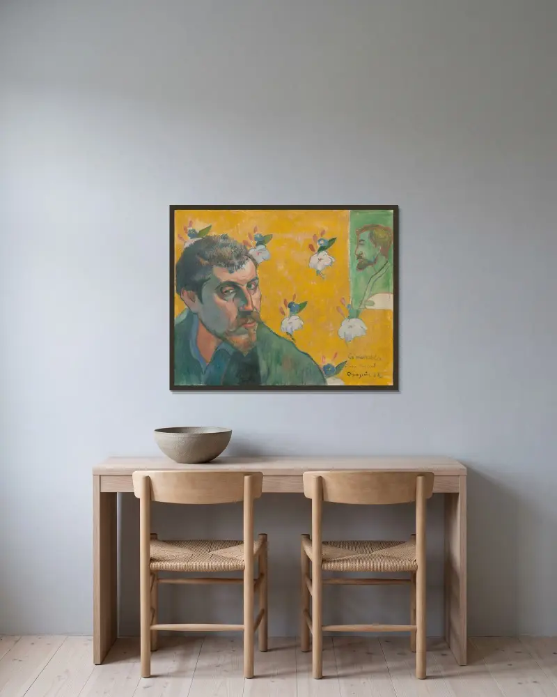 Självporträtt med porträtt av Bernard, ”Les Misérables” av Paul Gauguin inramad på en vägg