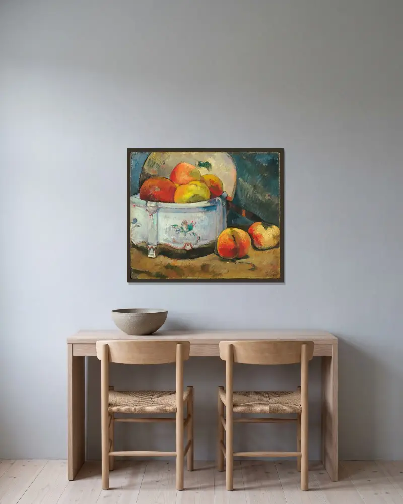 Still Life with Peaches av Paul Gauguin inramad på en vägg
