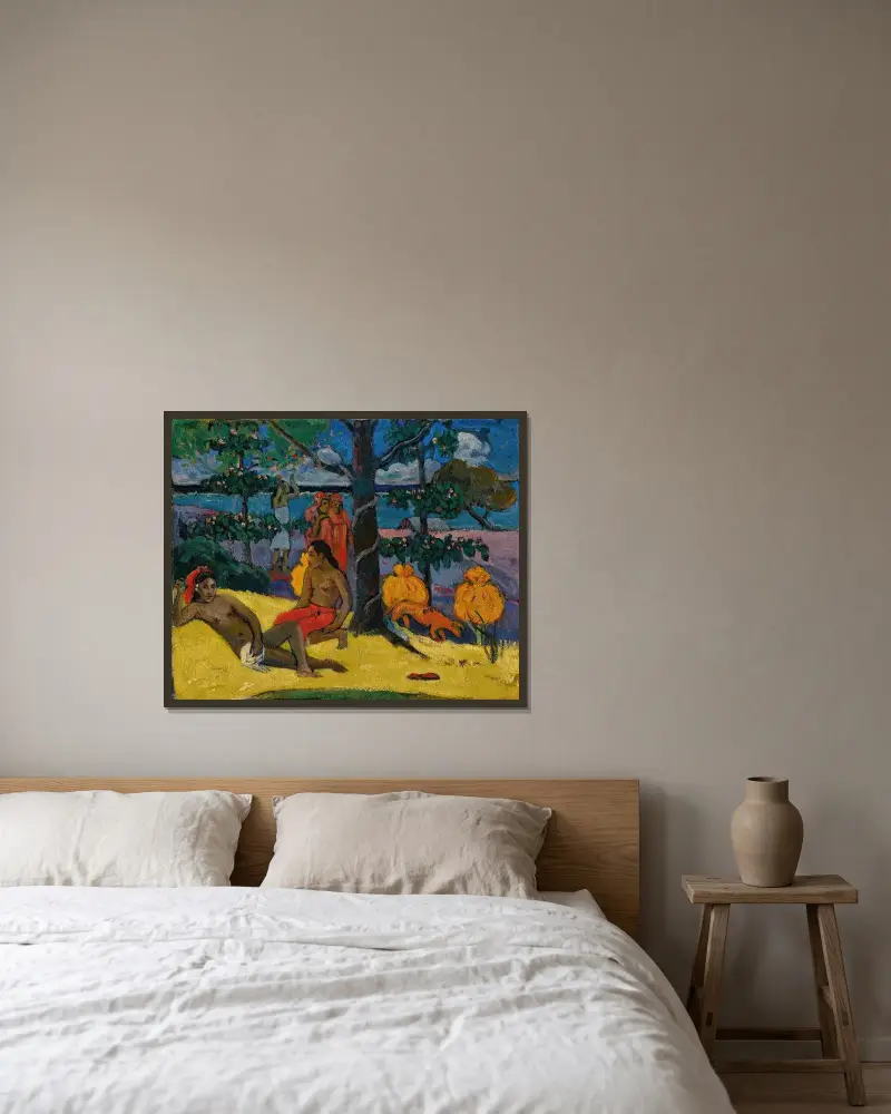 Drottningen – Kvinnan med mangofrukterna av Paul Gauguin inramad på en vägg