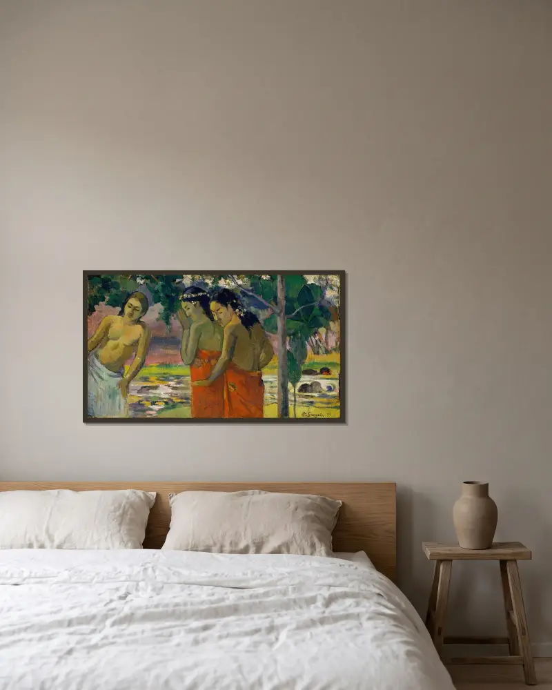 Tre tahitiska kvinnor av Paul Gauguin inramad på en vägg