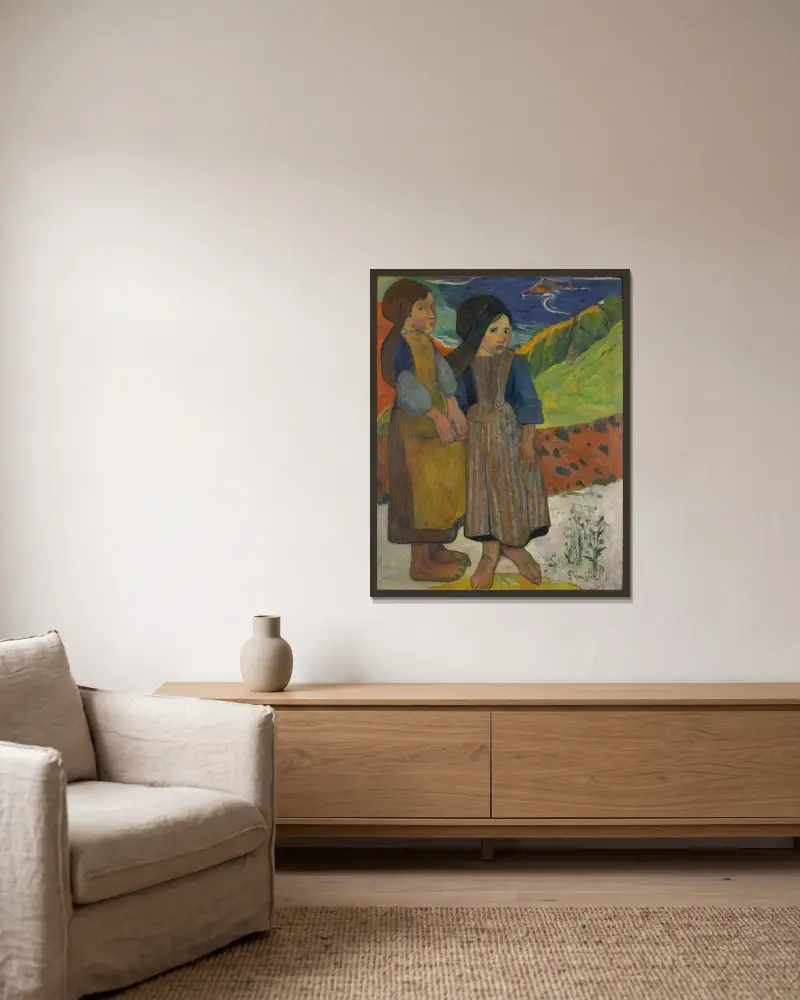 Zwei bretonische Mädchen am Meer von Paul Gauguin gerahmt an einer Wand
