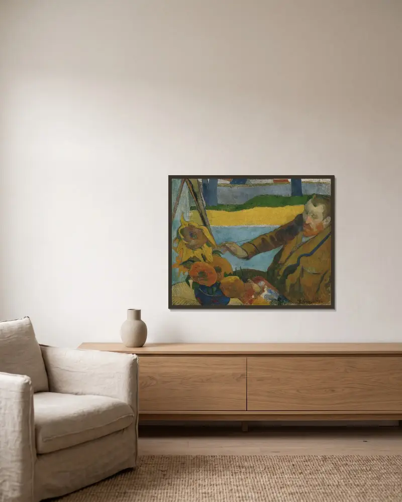 Vincent van Gogh målar solrosor av Paul Gauguin inramad på en vägg