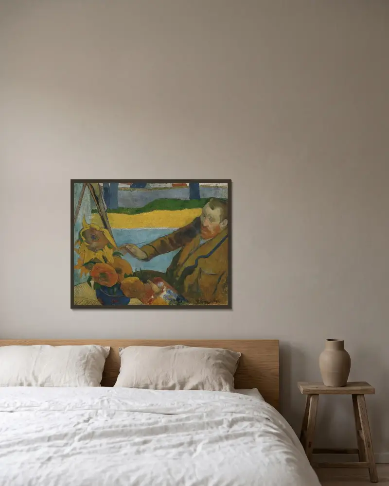 Vincent van Gogh målar solrosor av Paul Gauguin inramad på en vägg