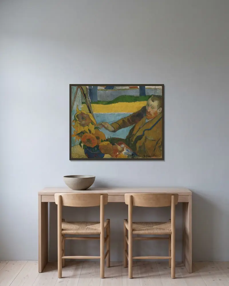 Vincent van Gogh målar solrosor av Paul Gauguin inramad på en vägg