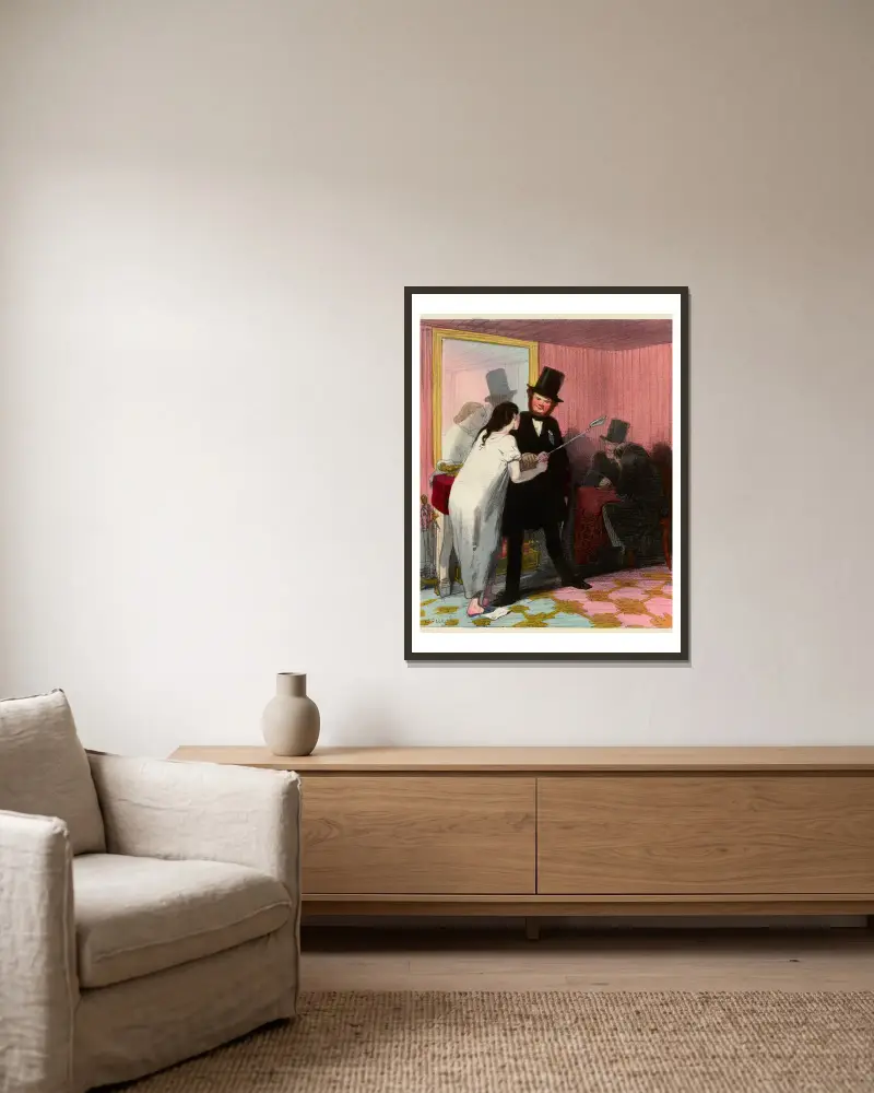 På begäran av herr Vautour etcetera, i kraft etcetera vi Stadsfogde etcetera, först i ett rum upplyst av Paul Gavarni inramad på en vägg
