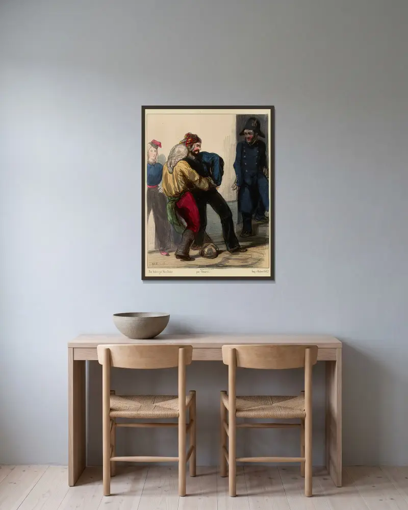 Kom nu, kom nu, Mazuri, håll dig, kom nu av Paul Gavarni inramad på en vägg