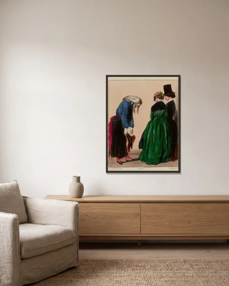 Mit dem Einverständnis dieser reizenden Muf’e-là, könnte man, Madame, mit dir den nächsten Rigodon tanzen von Paul Gavarni gerahmt an einer Wand