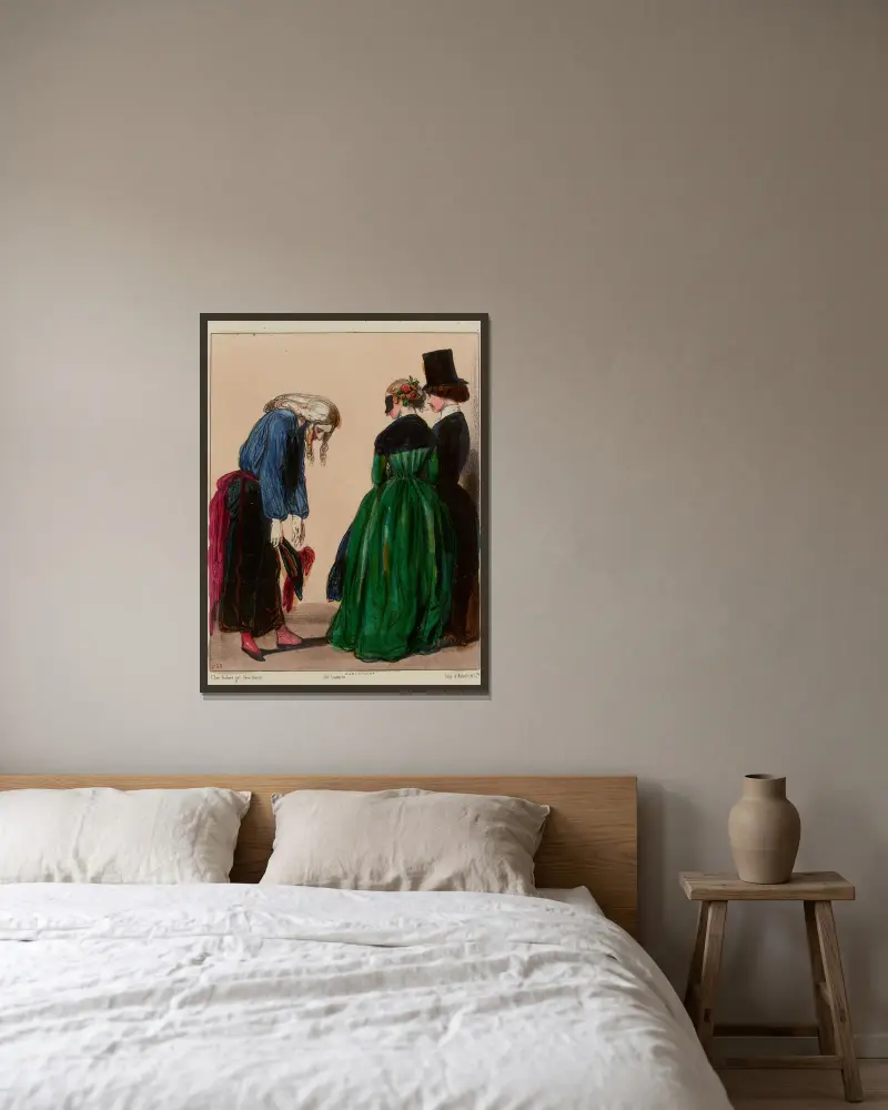 Mit dem Einverständnis dieser reizenden Muf’e-là, könnte man, Madame, mit dir den nächsten Rigodon tanzen von Paul Gavarni gerahmt an einer Wand