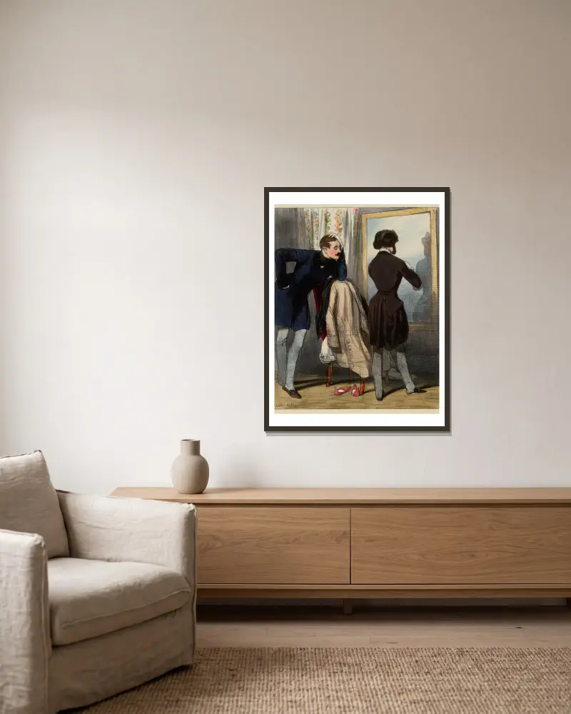 Was kostet so ein Anzug? von Paul Gavarni gerahmt an einer Wand
