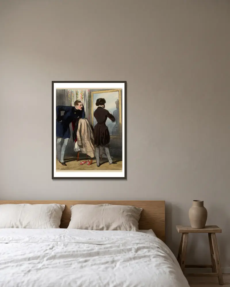 Was kostet so ein Anzug? von Paul Gavarni gerahmt an einer Wand