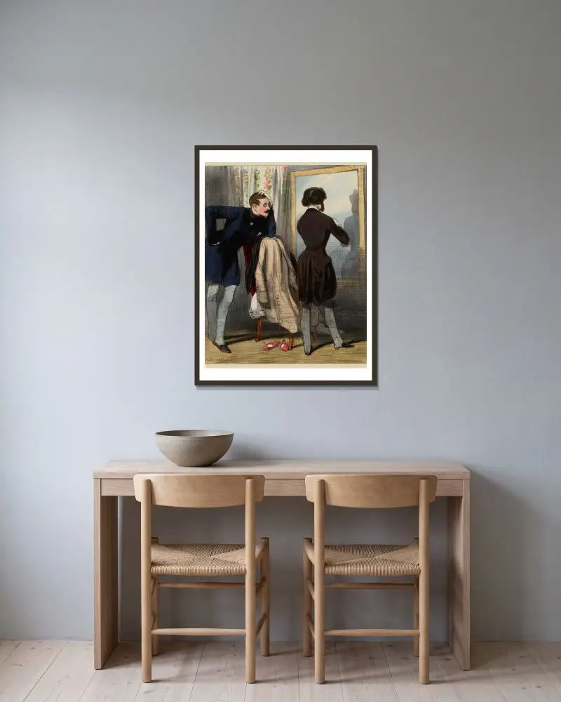 Was kostet so ein Anzug? von Paul Gavarni gerahmt an einer Wand