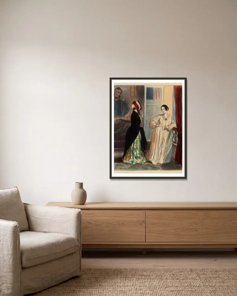 Comment, ma petite, je viens de rencontrer ton mari avec Monsieur Edouard. O Virginie je te reconnais bien là, 1840 von Paul Gavarni gerahmt an einer Wand