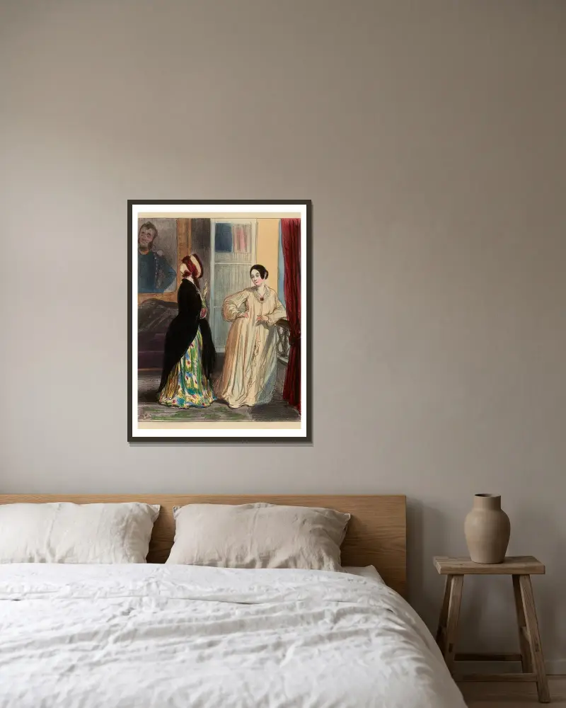 Comment, ma petite, je viens de rencontrer ton mari avec Monsieur Edouard. O Virginie je te reconnais bien là, 1840 von Paul Gavarni gerahmt an einer Wand