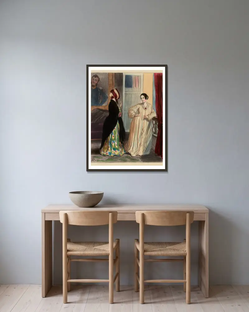 Comment, ma petite, je viens de rencontrer ton mari avec Monsieur Edouard. O Virginie je te reconnais bien là, 1840 von Paul Gavarni gerahmt an einer Wand
