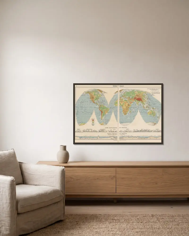 Weltkarte – Physisch von John Paul Goode gerahmt an einer Wand