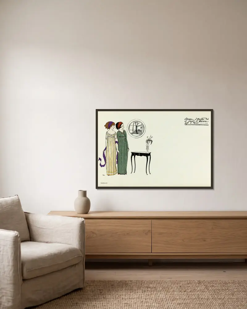 Carte publicitaire illustrée de la maison Poiret, 1908 – nr 2 av Paul Iribe inramad på en vägg