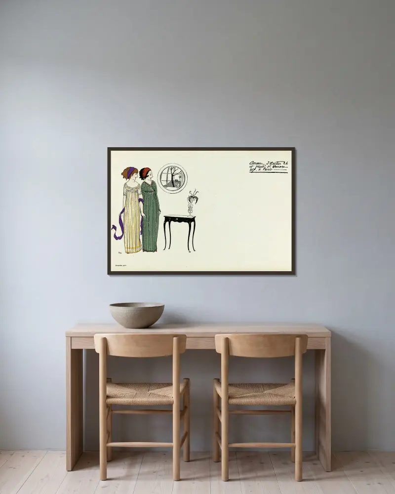 Carte publicitaire illustrée de la maison Poiret, 1908 – nr 2 av Paul Iribe inramad på en vägg