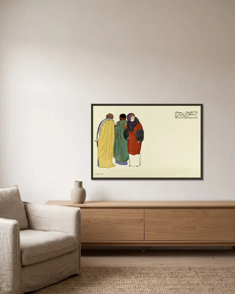Illustrerad reklambild från Maison Poiret, 1908 – nr 3 av Paul Iribe inramad på en vägg