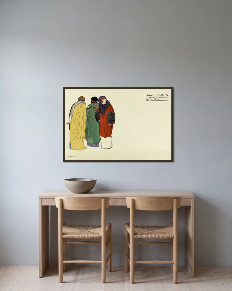 Illustrerad reklambild från Maison Poiret, 1908 – nr 3 av Paul Iribe inramad på en vägg