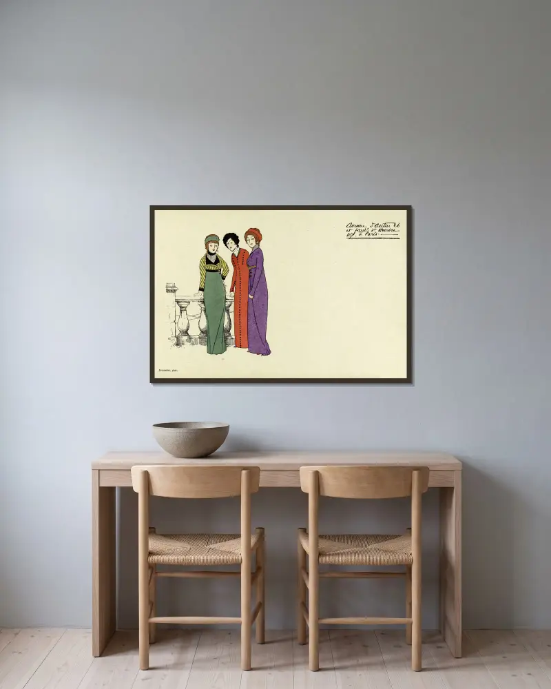 Carte publicitaire illustrée de la maison Poiret, 1908 – nr 1 av Paul Iribe inramad på en vägg