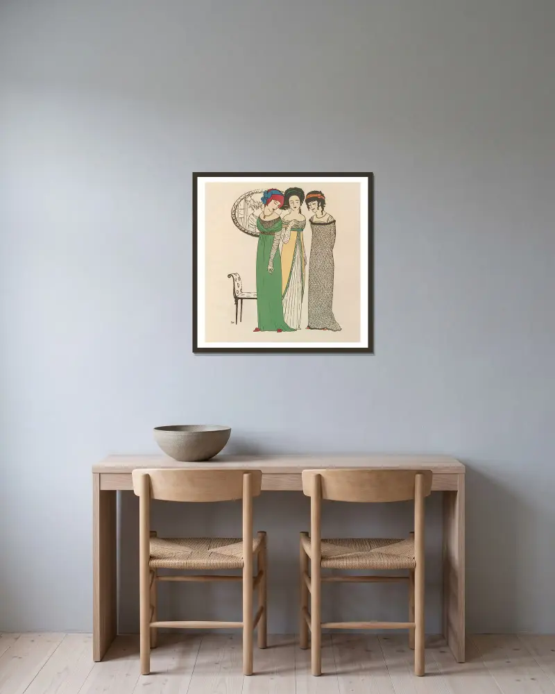 Les robes de Paul Poiret Pl.05 av Paul Iribe inramad på en vägg