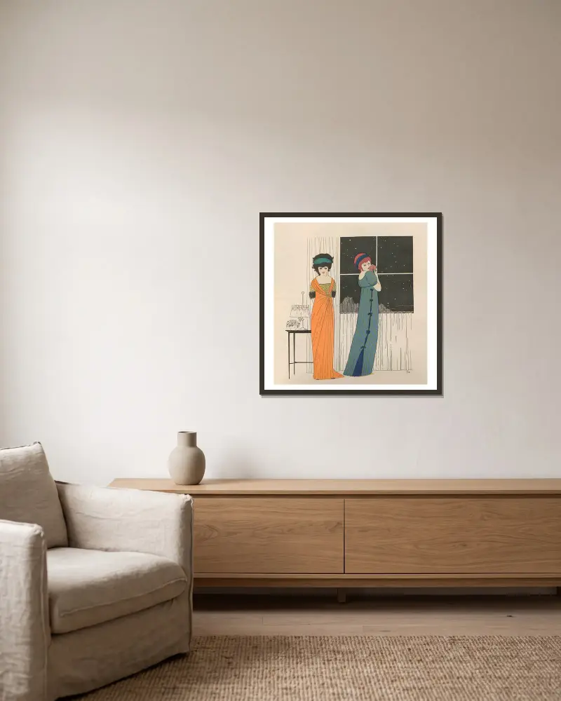 Paul Poirets Kleider, Tafel 8 von Paul Iribe gerahmt an einer Wand