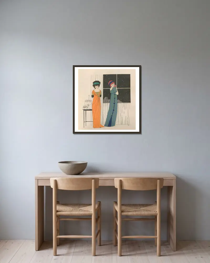 Paul Poirets Kleider, Tafel 8 von Paul Iribe gerahmt an einer Wand