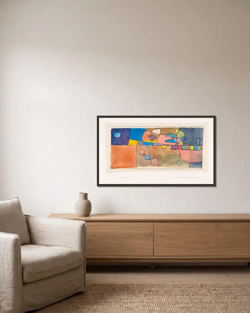 Buntbewegtes an der Lage gemessen av Paul Klee inramad på en vägg
