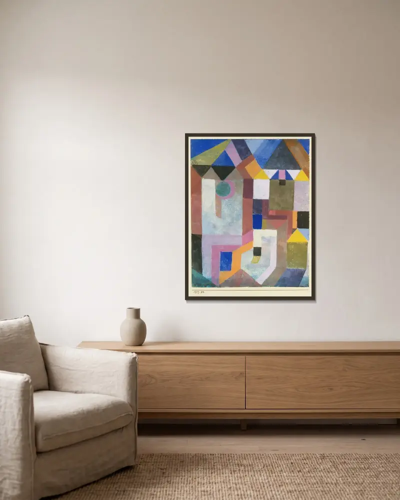 Bunte Architektur von Paul Klee gerahmt an einer Wand