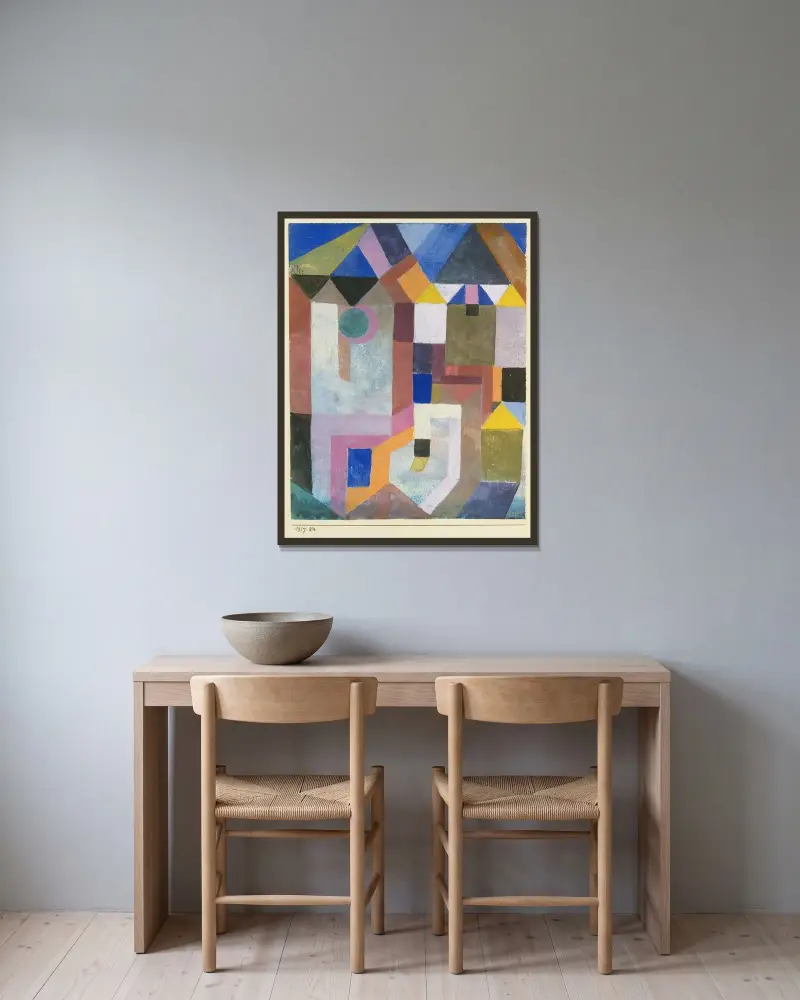 Bunte Architektur von Paul Klee gerahmt an einer Wand