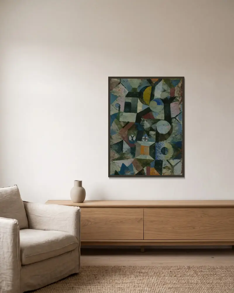 Komposition med den gula halvmånen och Y av Paul Klee inramad på en vägg