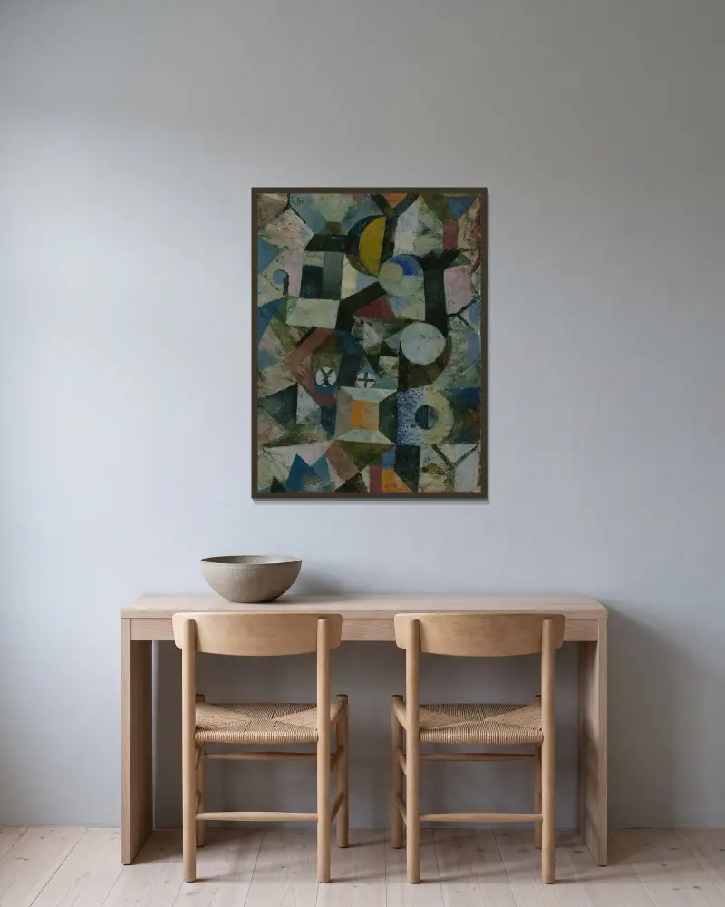 Komposition med den gula halvmånen och Y av Paul Klee inramad på en vägg