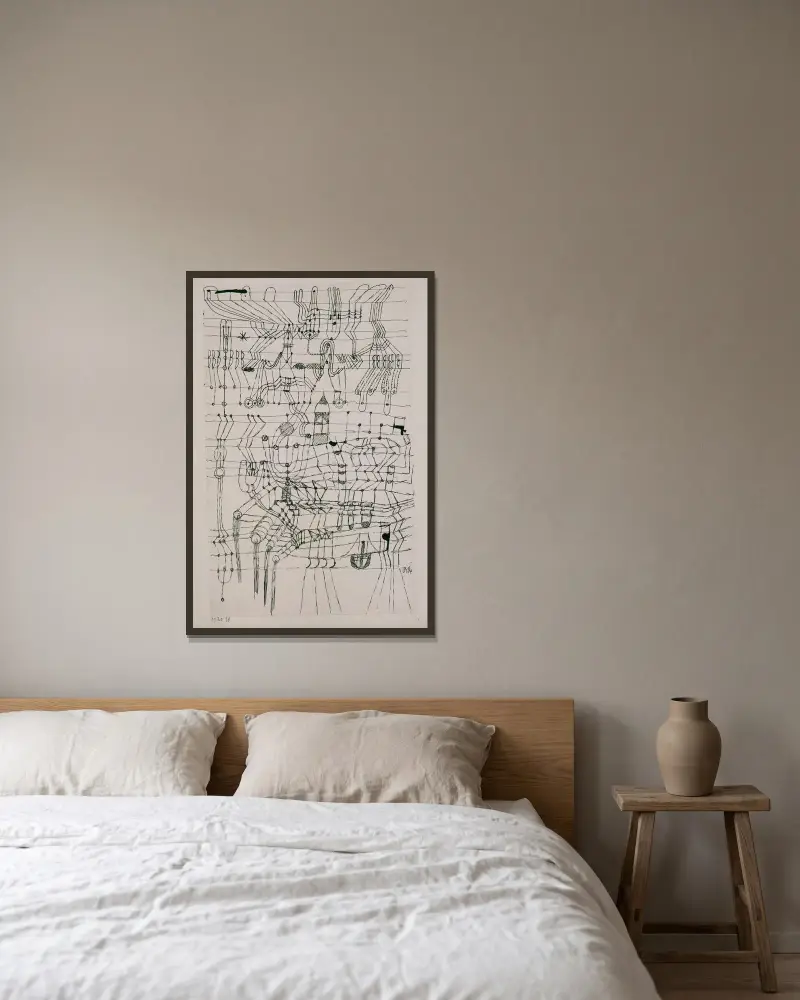 Zeichnung, geknotet wie ein Netz von Paul Klee gerahmt an einer Wand