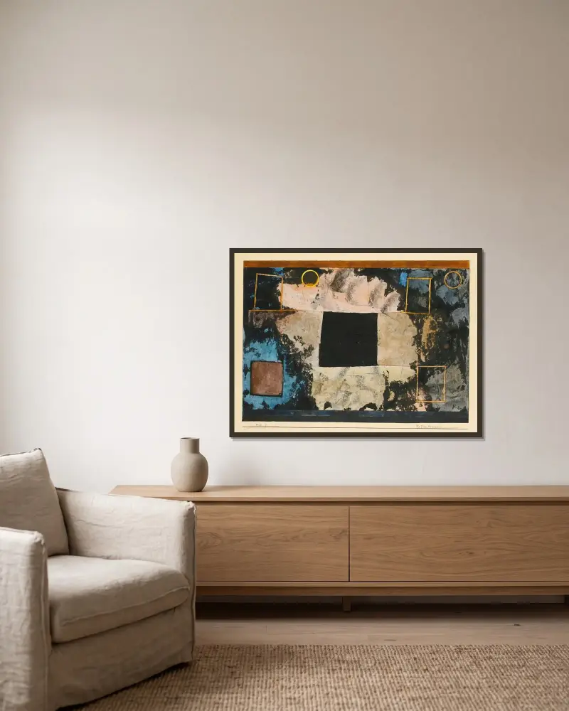 Felsen Kammern (Rock-Cut Chambers) av Paul Klee inramad på en vägg