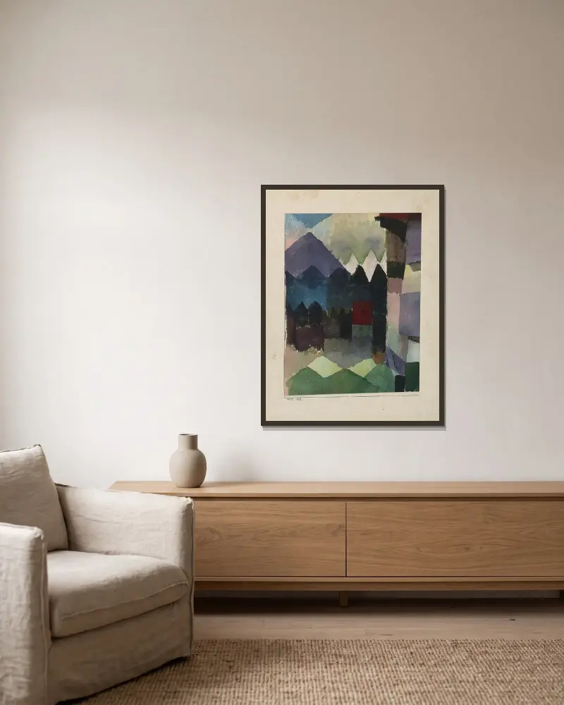 Föhn im Marc’schen Garten av Paul Klee inramad på en vägg