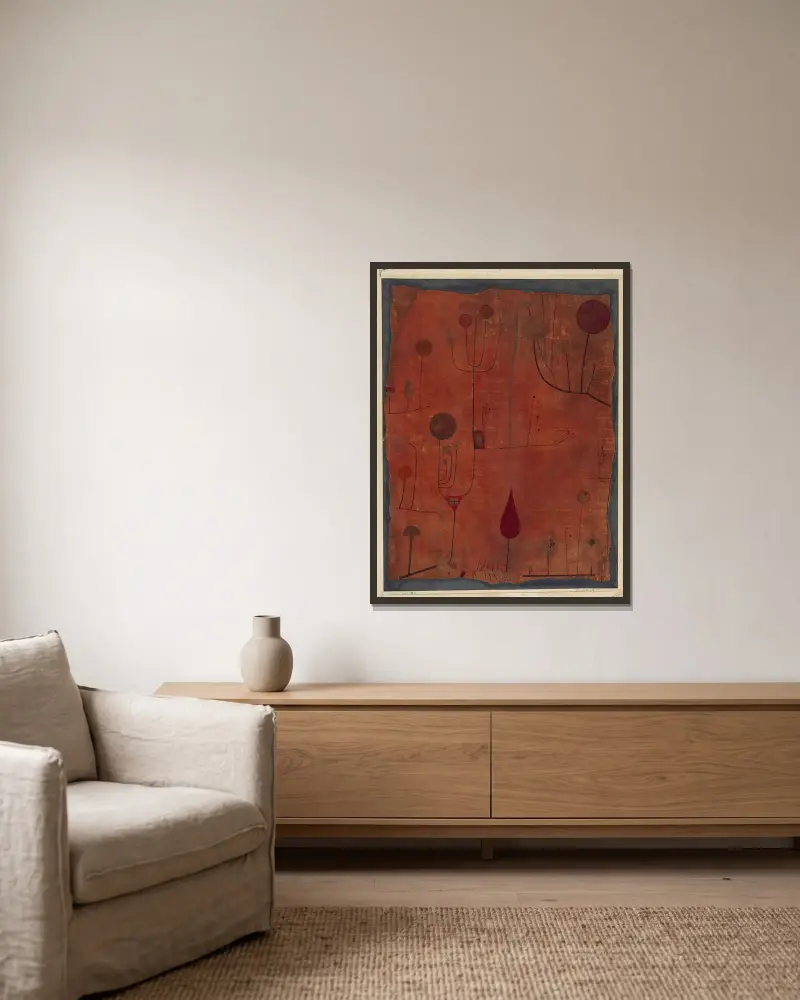 Fruits on Red av Paul Klee inramad på en vägg