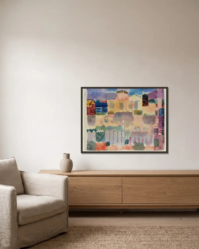 Trädgård i St. Germain, europakvarteren nära Tunis av Paul Klee inramad på en vägg