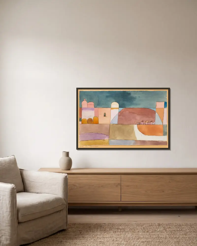 Kairuan (Kairuan mit den Kamelen und dem Esel) av Paul Klee inramad på en vägg