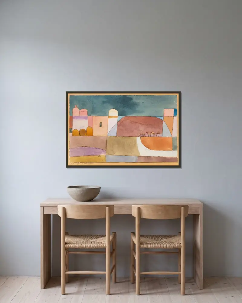 Kairuan (Kairuan mit den Kamelen und dem Esel) av Paul Klee inramad på en vägg