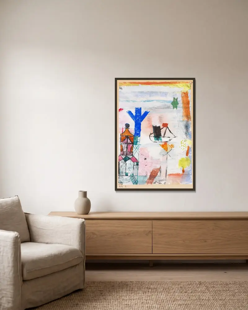Kleiner Dampfer av Paul Klee inramad på en vägg