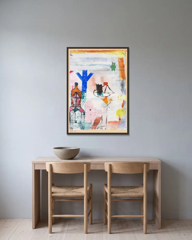 Kleiner Dampfer av Paul Klee inramad på en vägg