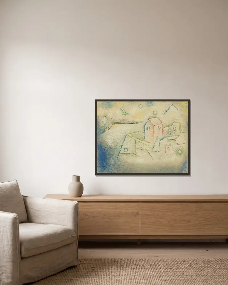 Hus på landet i norr av Paul Klee inramad på en vägg
