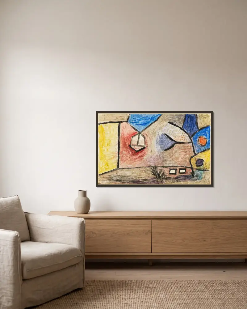 Landschaft B. L. av Paul Klee inramad på en vägg